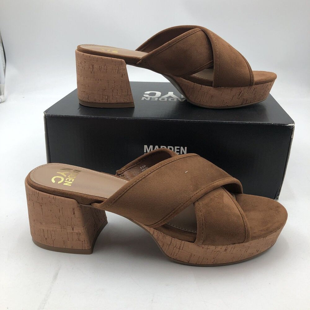 Madden NYC | Kristi Platform Slide Sandals | Cognac Brown | size 9.5